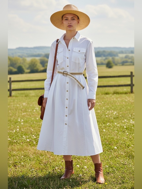Vintage Dresses & Skirts - Vintage Town & Country White Cotton Shirt Dress With Shoulder Pads, Belt Size 14